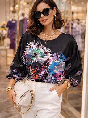 BCBGMaxAzria Black Silk Floral Burst Blouse